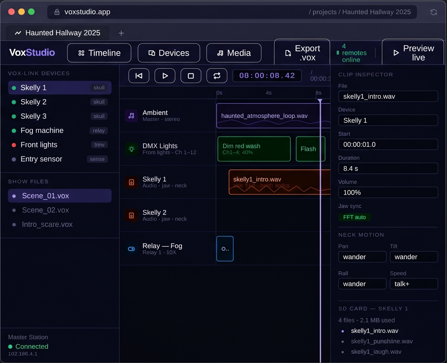 Vox Composer timeline showing three skull tracks, DMX lighting, and fog relay in sync